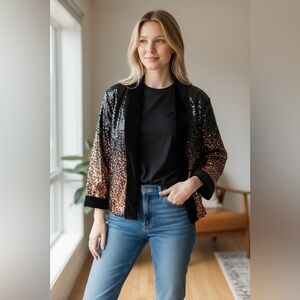 JOHNNY WAS ombre Black and Gold Sequin Jacket, Small